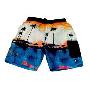 Youth Shark Patrol Swim Trunks Board Shorts black Palm tree Drawstring size MED